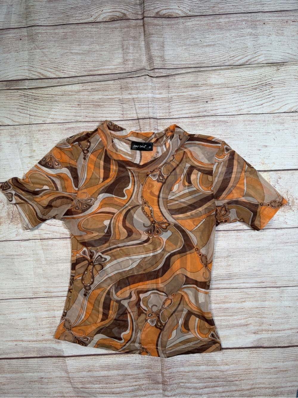 70s‎ Vintage-Inspired Brown & Orange Swirl Sheet Mesh Women’s Top